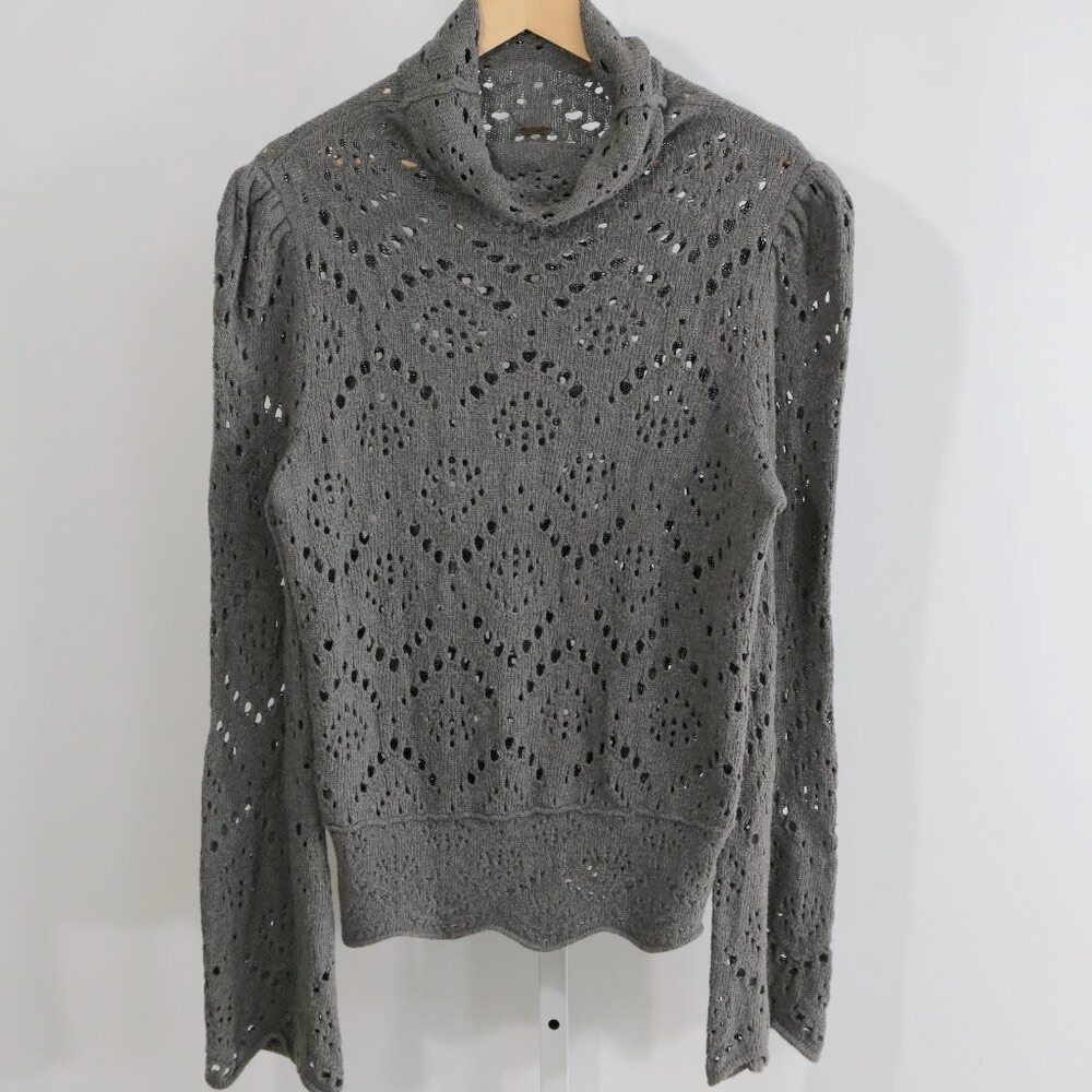 Free People Gray Open Knit Crochet Turtleneck Sweater Women’s M/L Scallop Hem - Picture 2 of 8